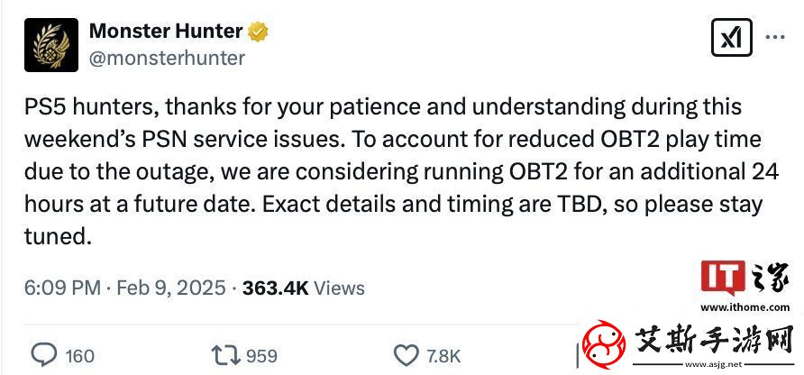 受 PSN 宕机影响，卡普空宣布怪物猎人：荒野PS5 版第二次公测将延长 24 小时